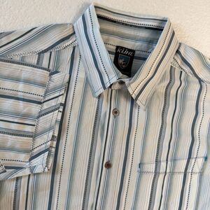 Kuhl Men’s Suncel Button-Up Medium Shirt Blue Striped Hiking Outdoors Mountains